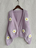 Daisy Applique Oversized Chunky Knit Cardigan - Purple