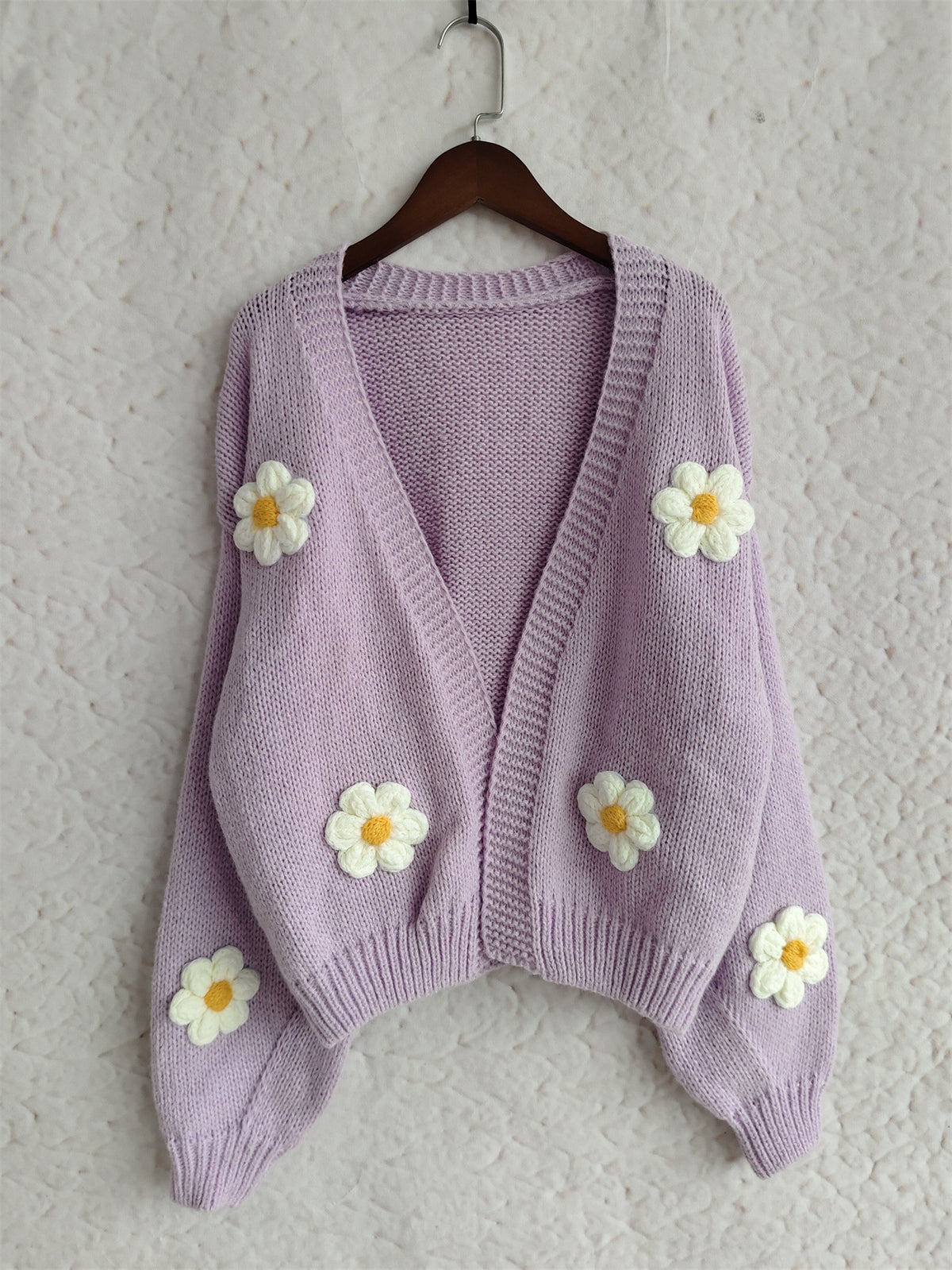Daisy Applique Oversized Chunky Knit Cardigan - Purple