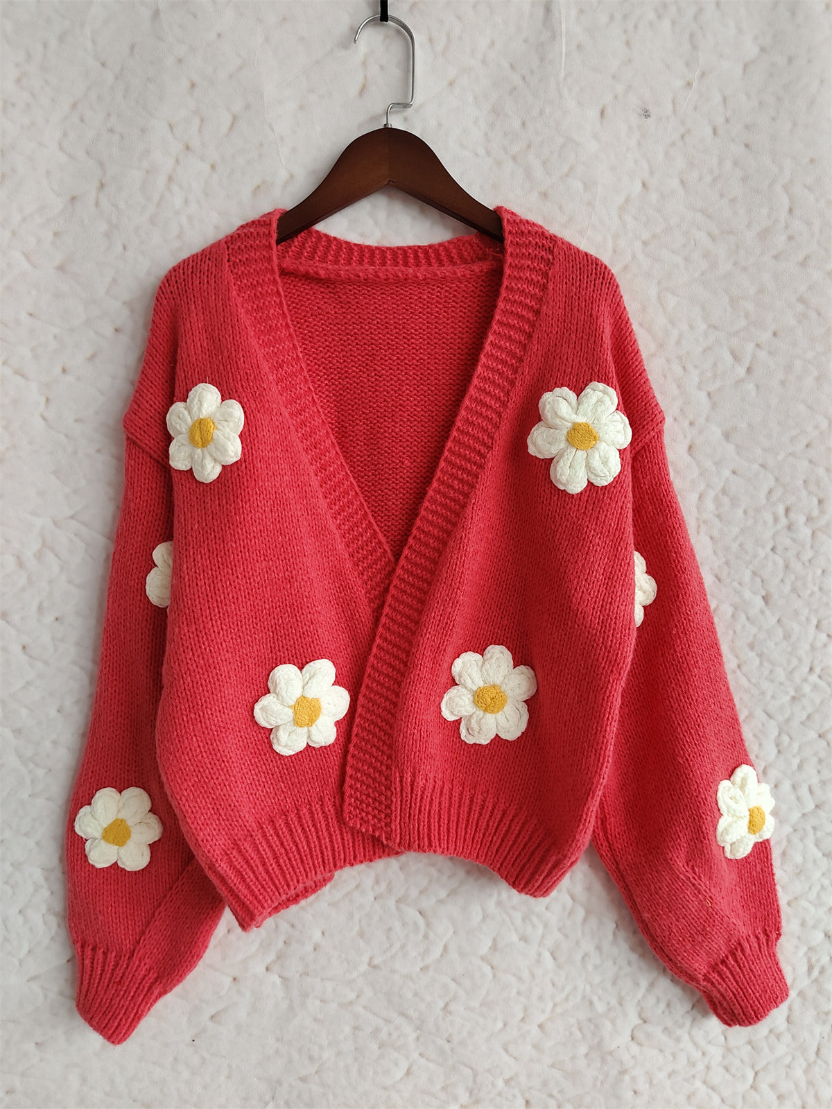 Daisy Applique Oversized Chunky Knit Cardigan - Red