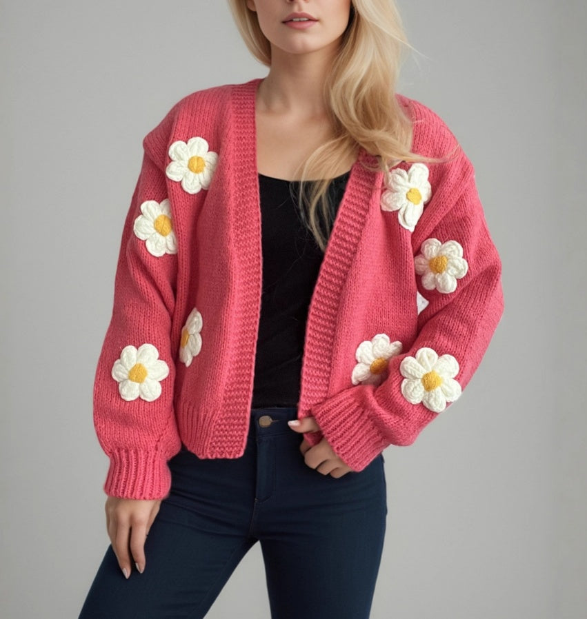 Daisy Applique Oversized Chunky Knit Cardigan
