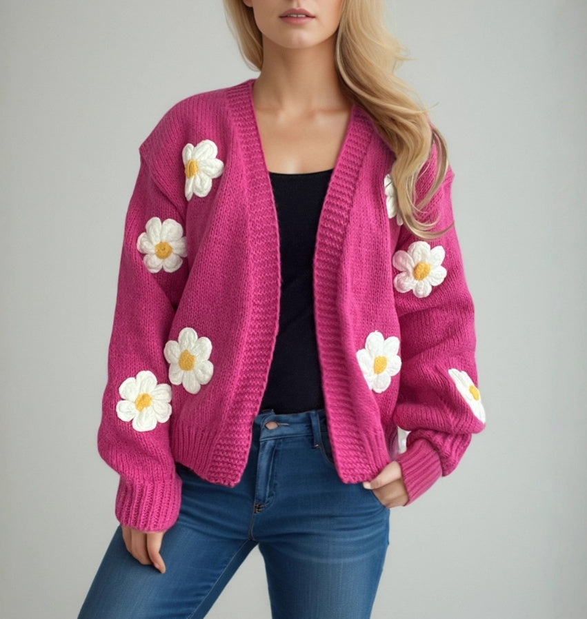Daisy Applique Oversized Chunky Knit Cardigan - view 1