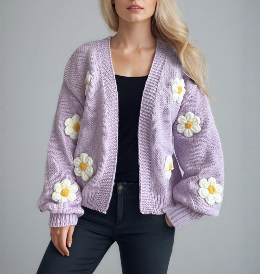 Daisy Applique Oversized Chunky Knit Cardigan - view 3