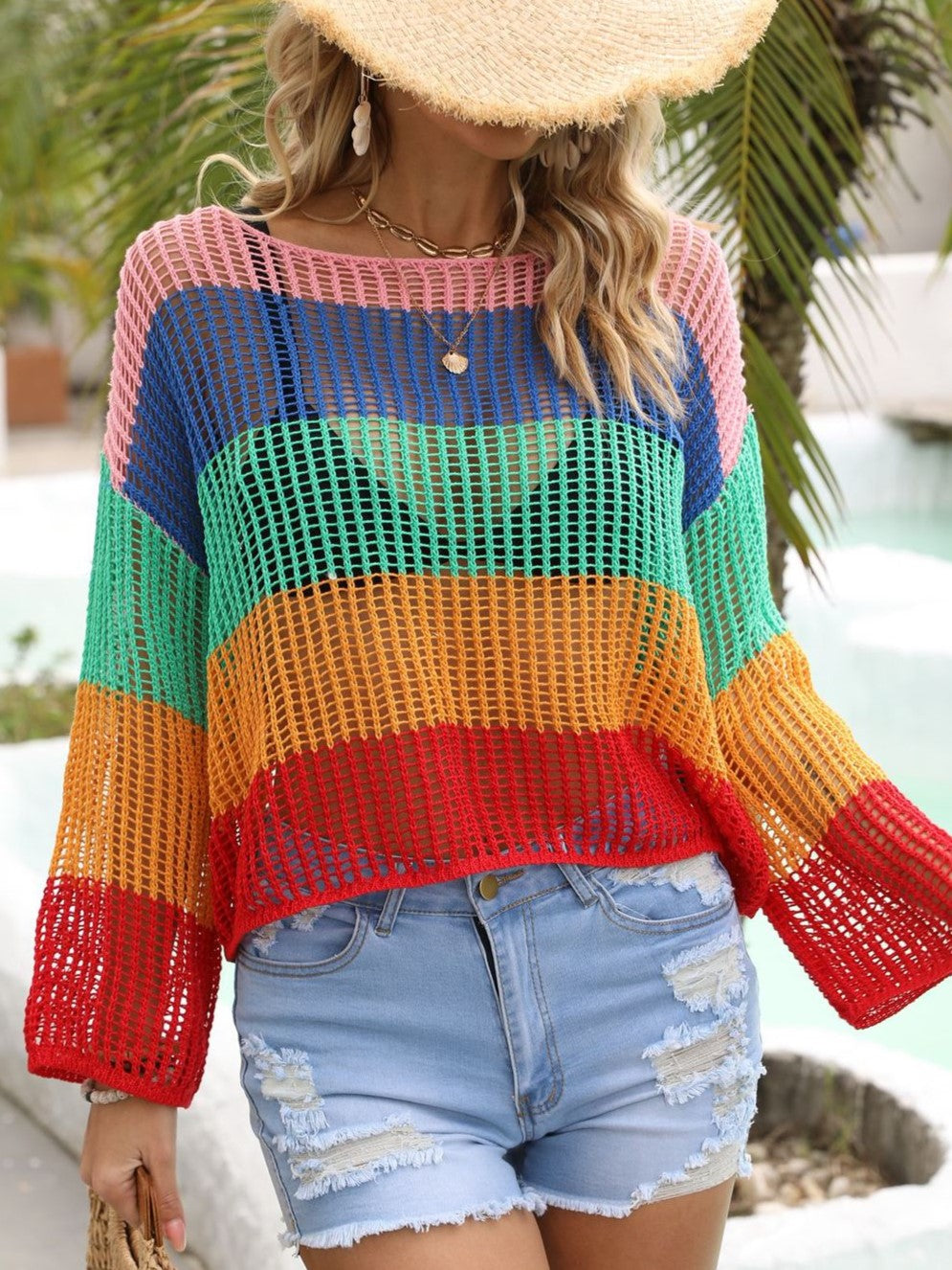Color Block Open Knit Beach Cover Up - Orange