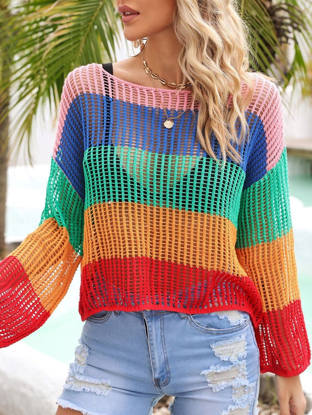 Color Block Open Knit Beach Cover Up - Orange - 1