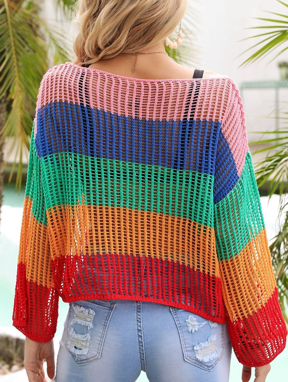 Color Block Open Knit Beach Cover Up - Orange - 2