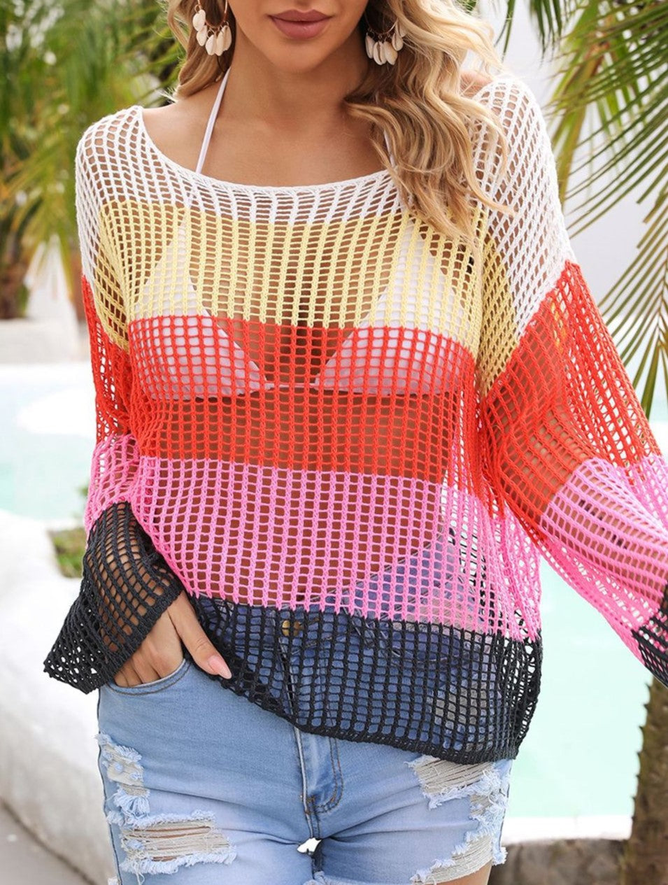 Color Block Open Knit Beach Cover Up - Pink