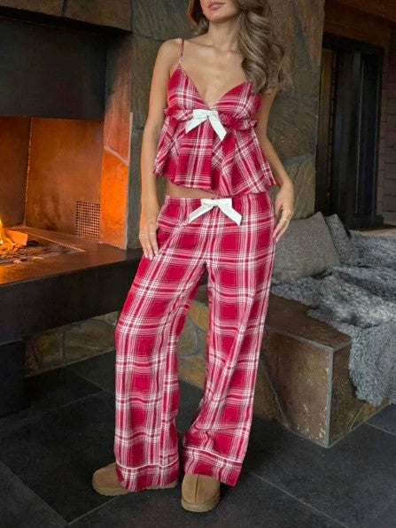 Plaid Ruffle Trim Cami Pajama Set - PantSet