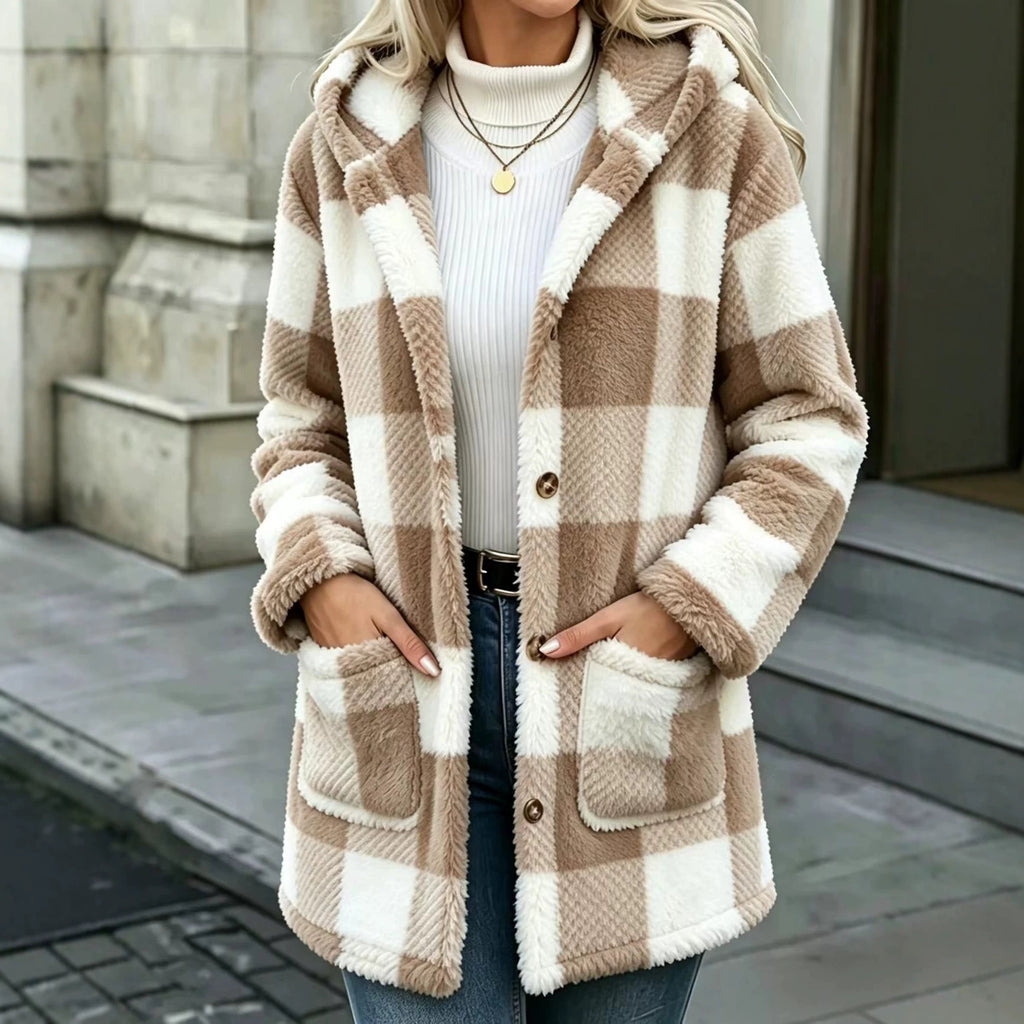 Buffalo Plaid Fleece Hooded Patch Pocket Coat - Apricot