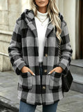 Buffalo Plaid Fleece Hooded Patch Pocket Coat - BlackGrey