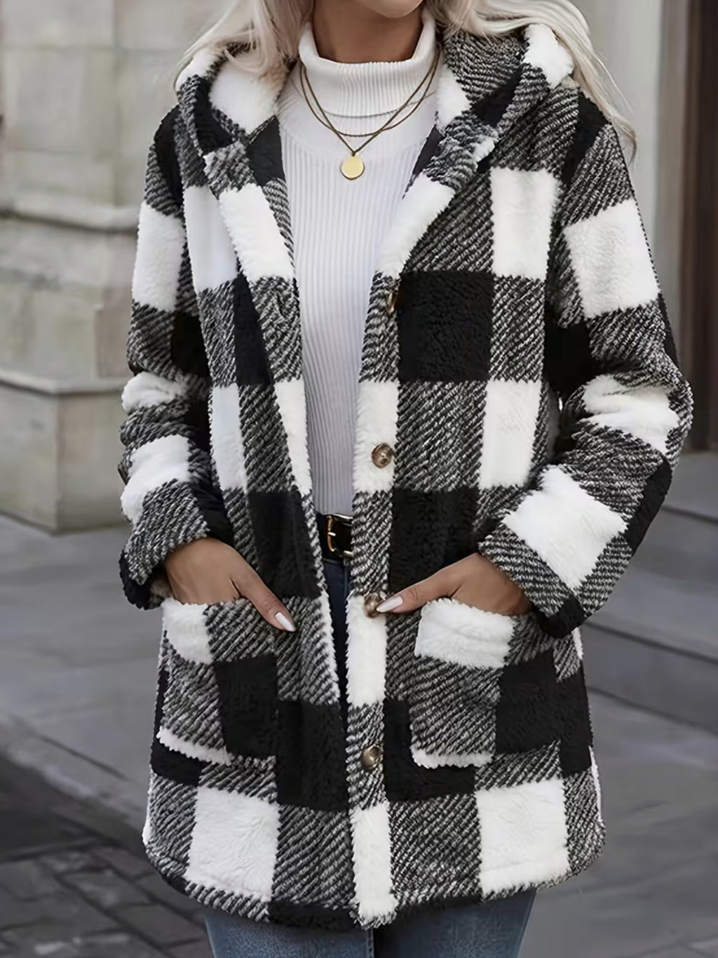 Buffalo Plaid Fleece Hooded Patch Pocket Coat - BlackWhite