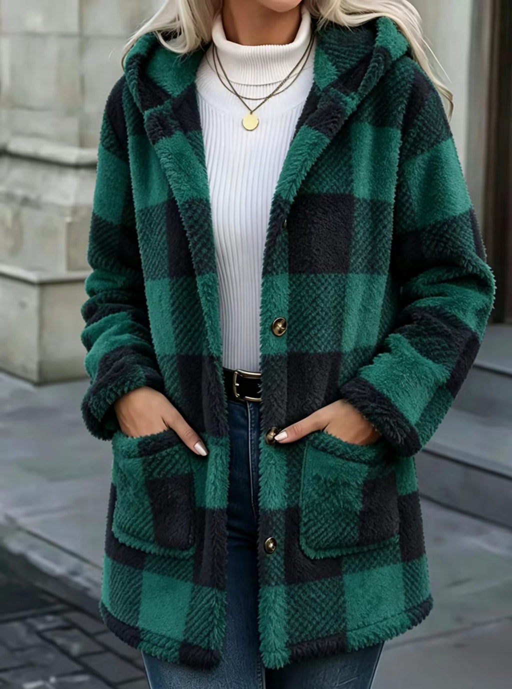 Buffalo Plaid Fleece Hooded Patch Pocket Coat - DkGreen