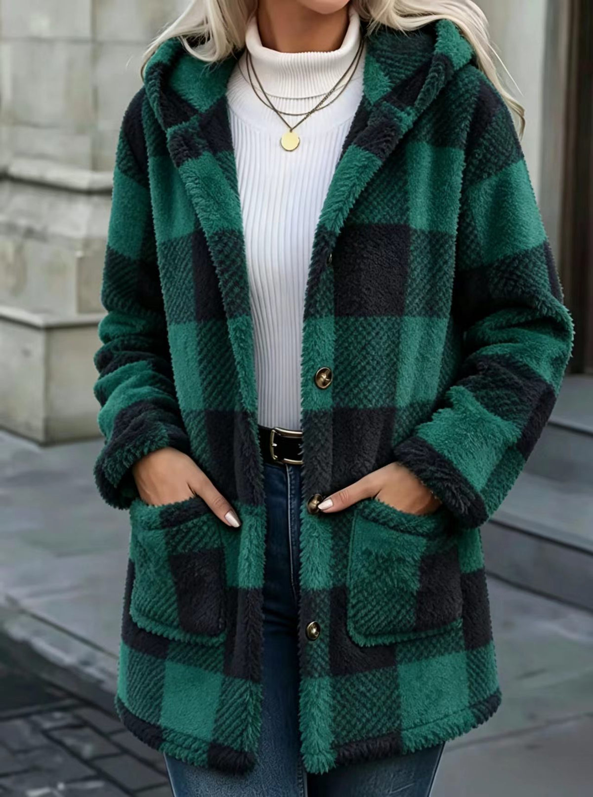 Buffalo Plaid Fleece Hooded Patch Pocket Coat - DkGreen