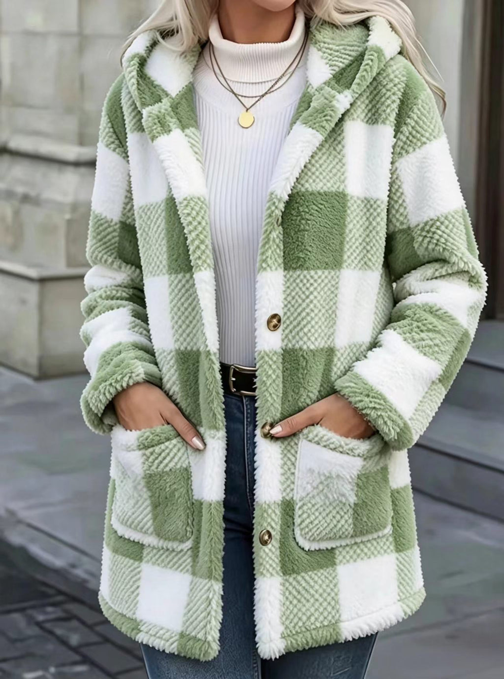 Buffalo Plaid Fleece Hooded Patch Pocket Coat - Green