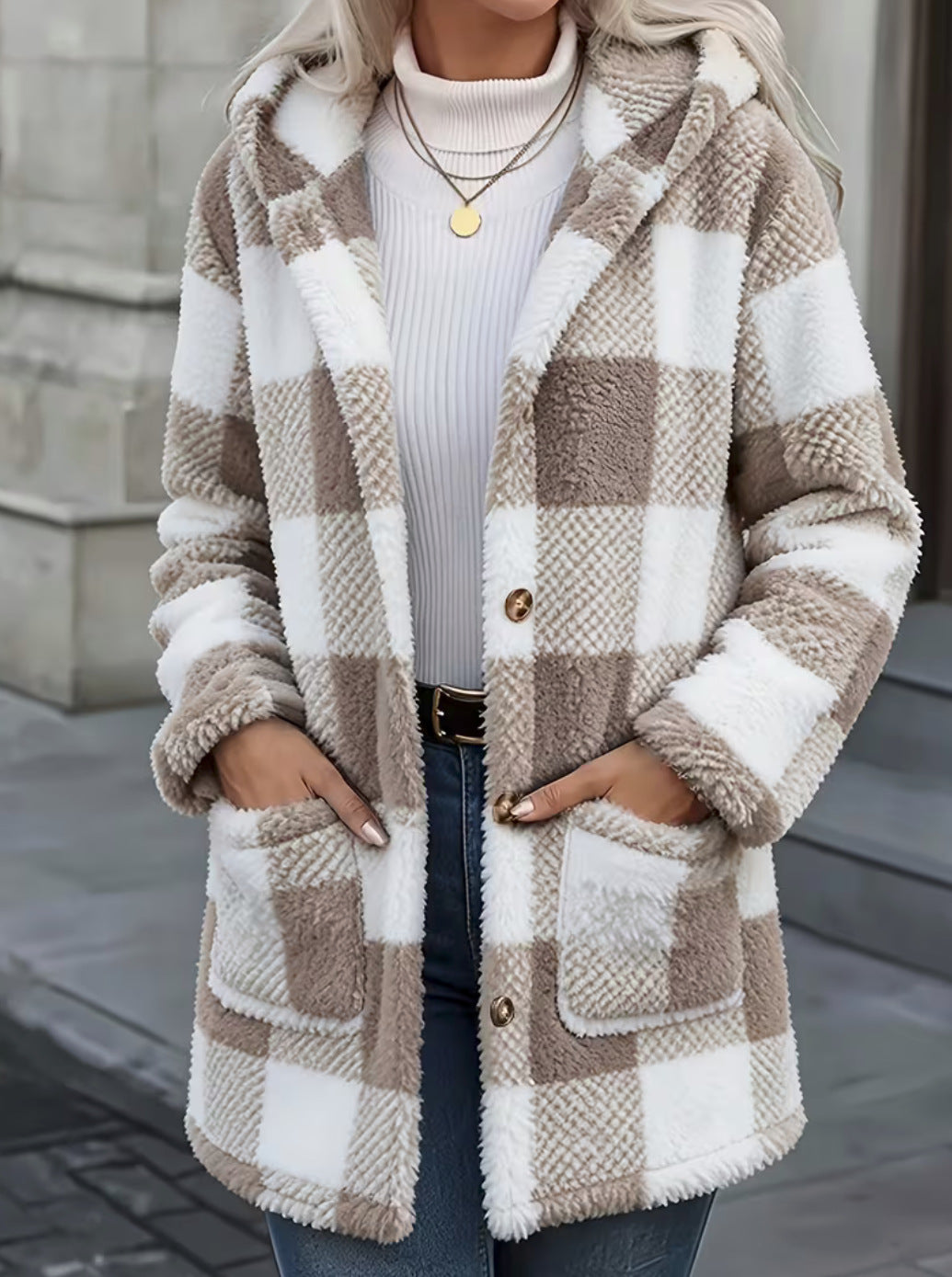 Buffalo Plaid Fleece Hooded Patch Pocket Coat - Khaki