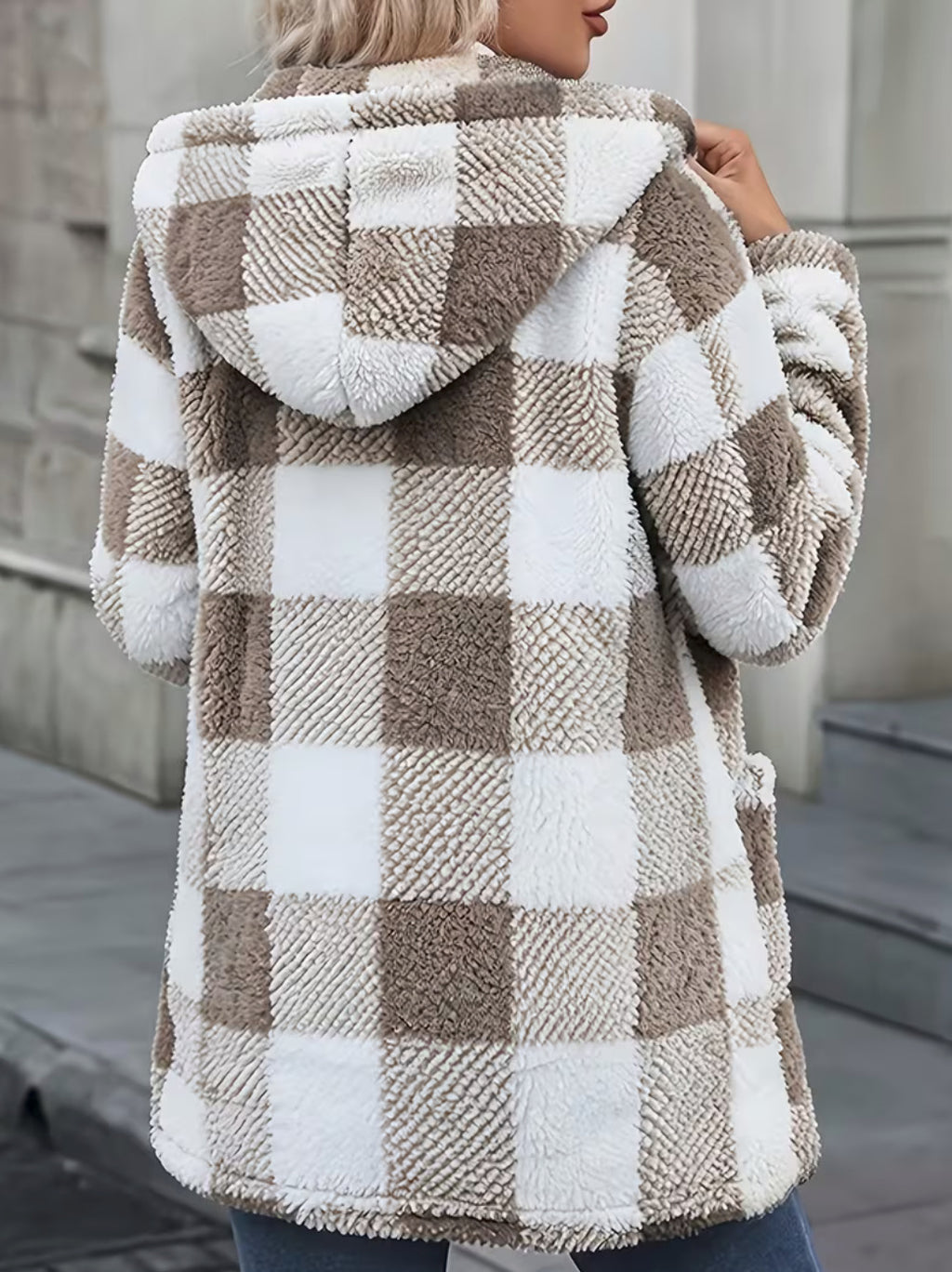 Buffalo Plaid Fleece Hooded Patch Pocket Coat - Khaki - 2