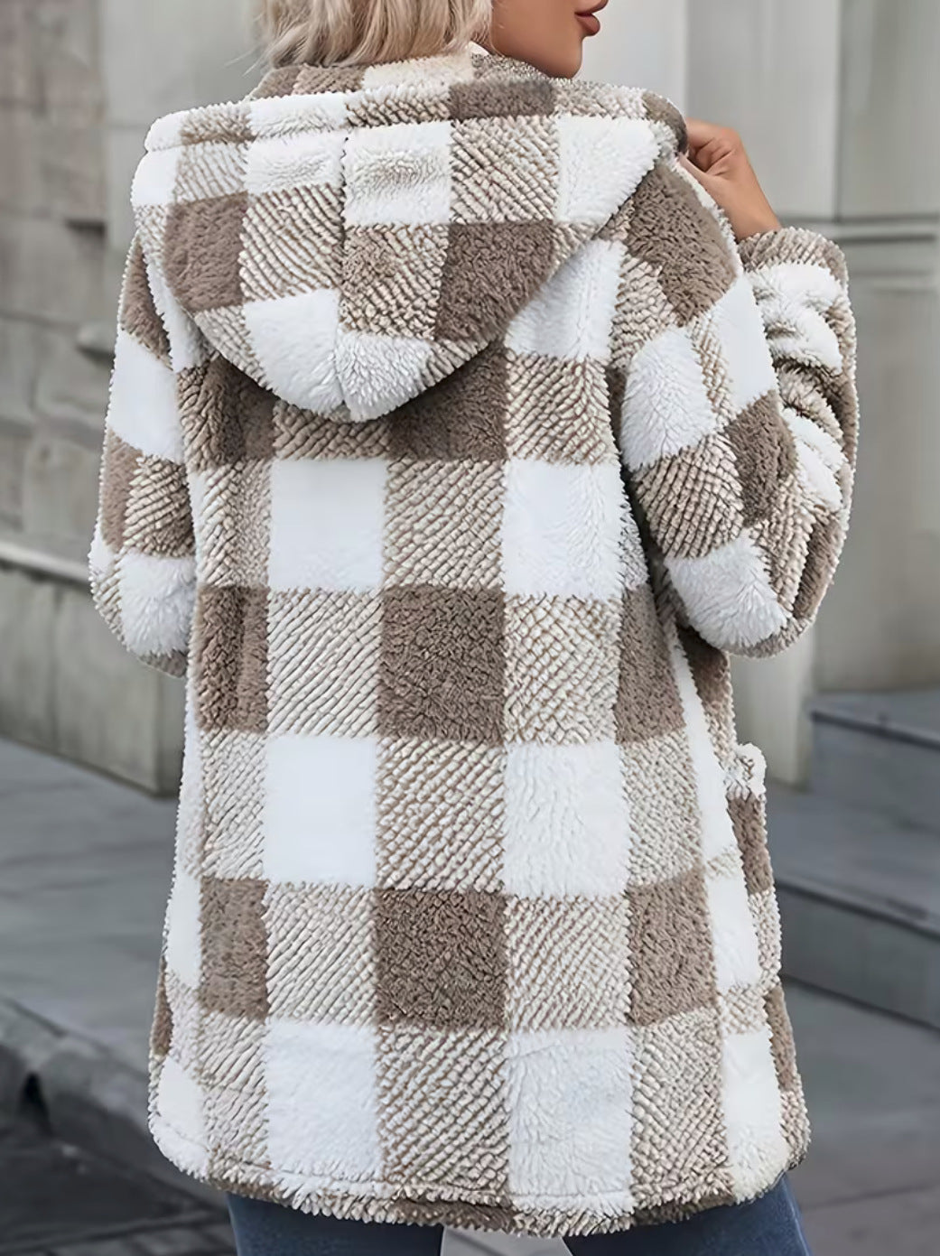 Buffalo Plaid Fleece Hooded Patch Pocket Coat - Khaki - 2