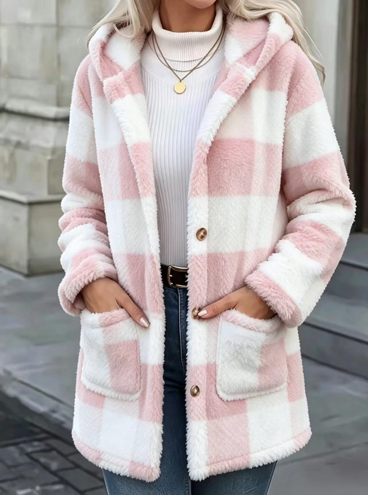 Buffalo Plaid Fleece Hooded Patch Pocket Coat - Pink