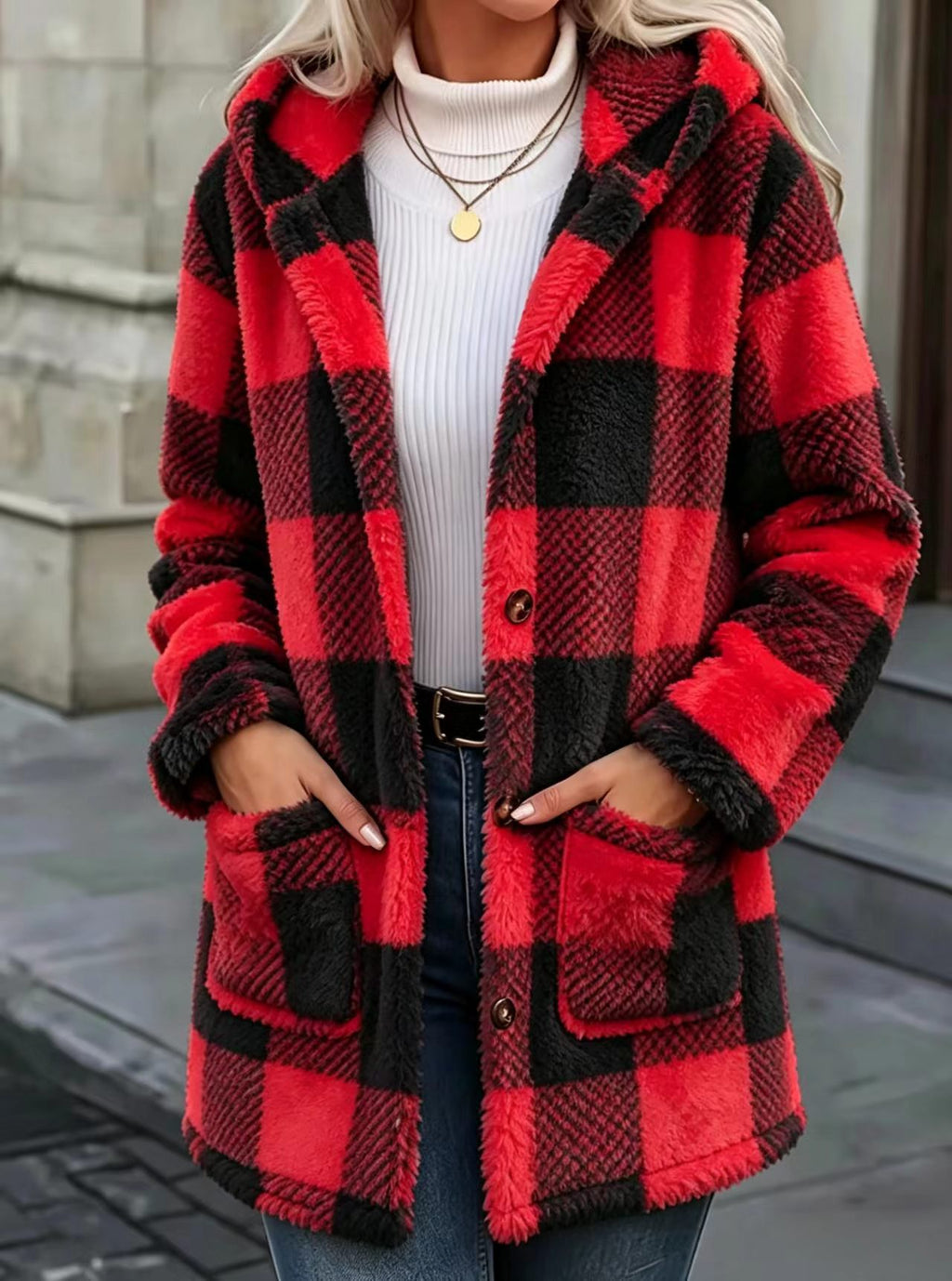 Buffalo Plaid Fleece Hooded Patch Pocket Coat - Red