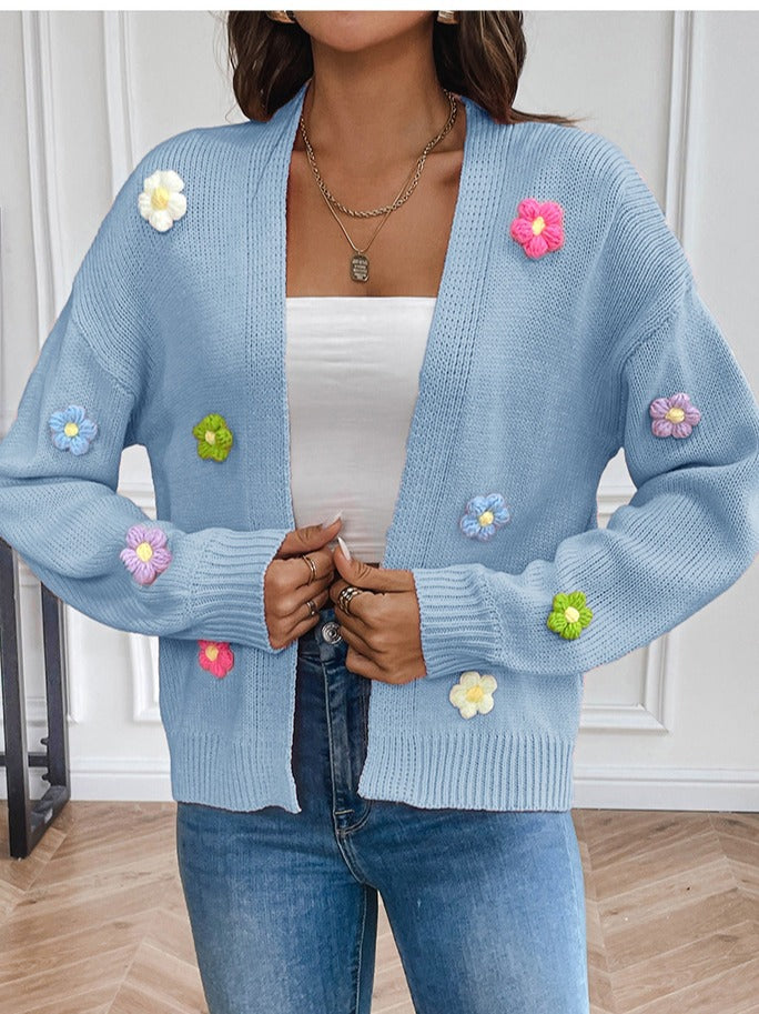 Three Dimensional Flower Applique Knit Cardigan - Blue