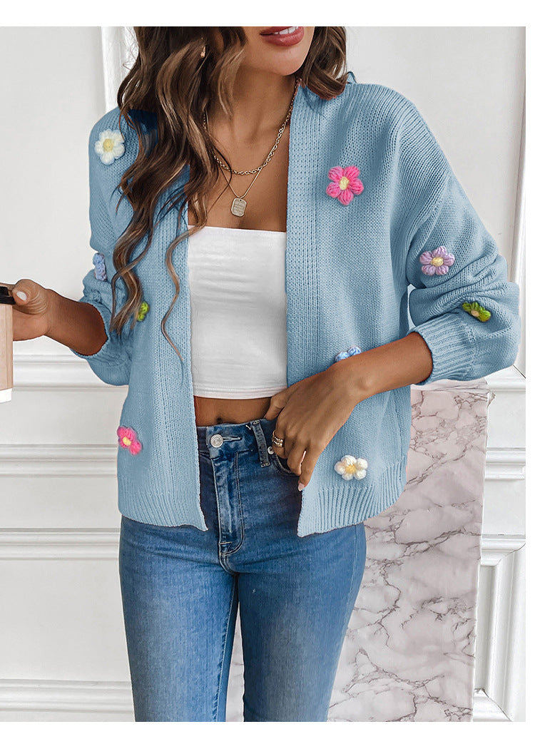 Three Dimensional Flower Applique Knit Cardigan - Blue - 1