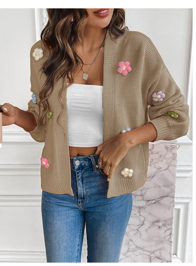 Three Dimensional Flower Applique Knit Cardigan - Camel