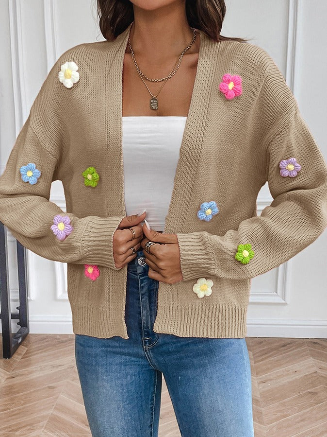Three Dimensional Flower Applique Knit Cardigan - Camel - 1