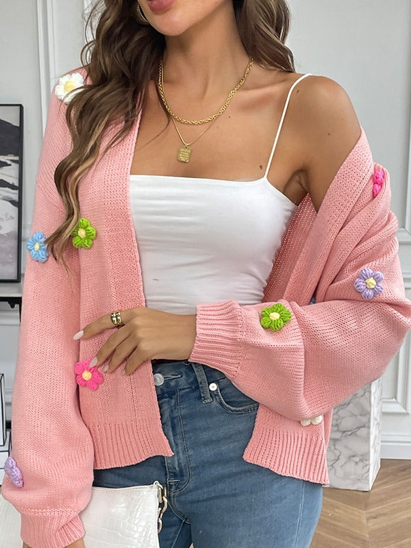 Three Dimensional Flower Applique Knit Cardigan - Pink