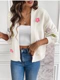 Three Dimensional Flower Applique Knit Cardigan - White