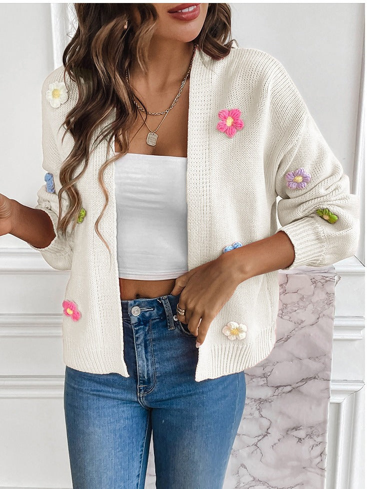 Three Dimensional Flower Applique Knit Cardigan - White