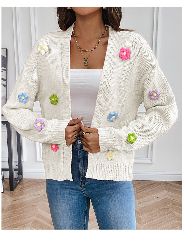 Three Dimensional Flower Applique Knit Cardigan - White - 1