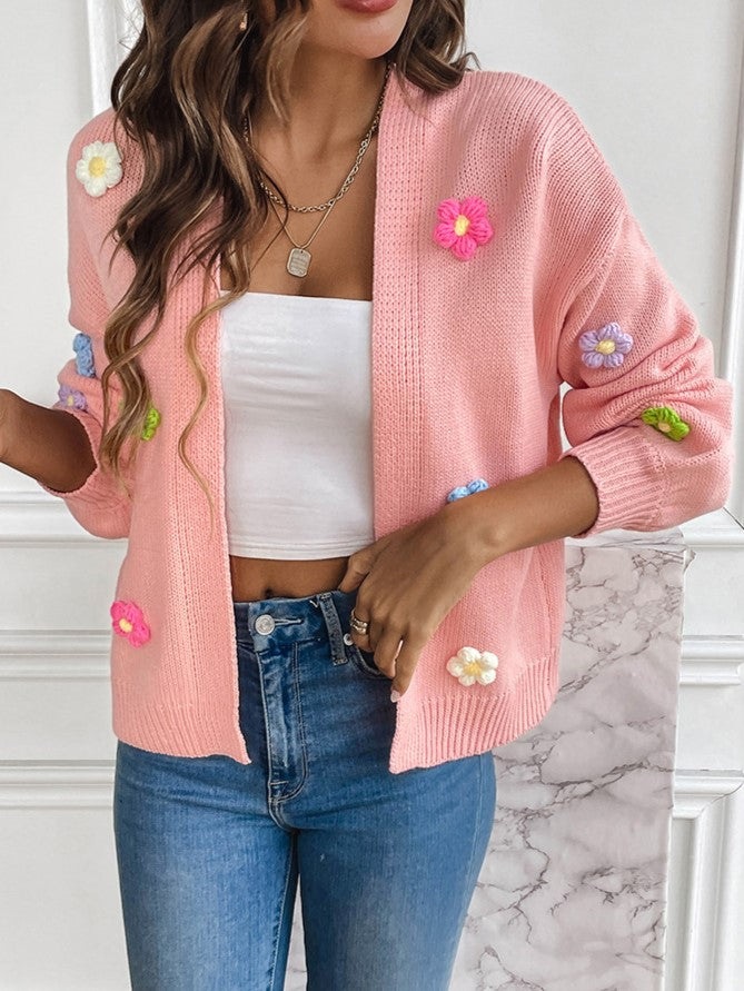 Three Dimensional Flower Applique Knit Cardigan