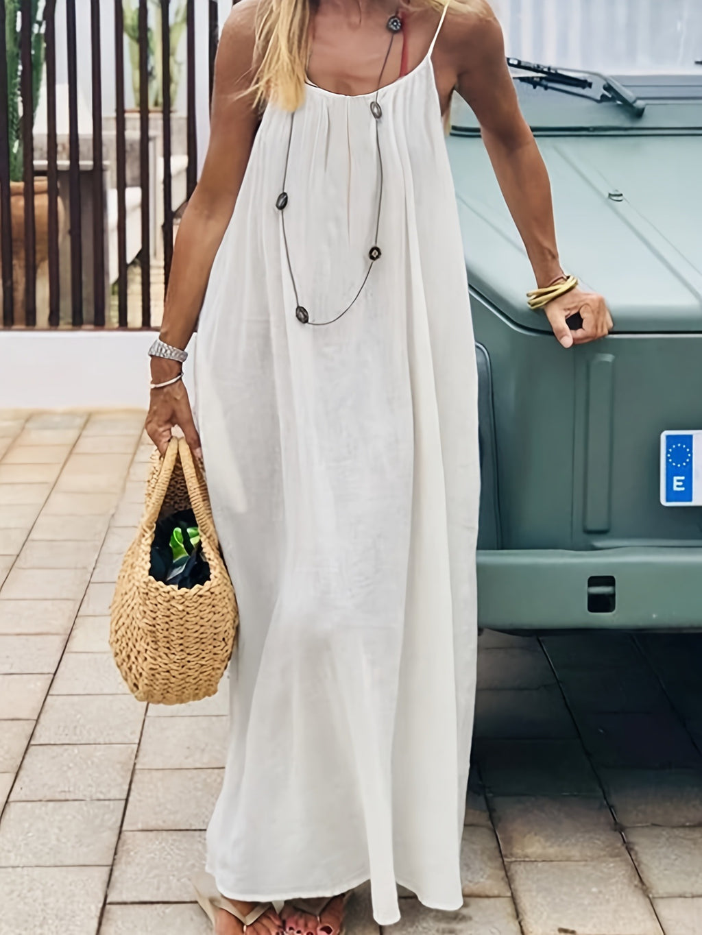 Relaxed Backless Cami Maxi Sundress - White - 1
