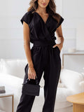 Wrap Neck Short Sleeve Tapered Jumpsuit - Black