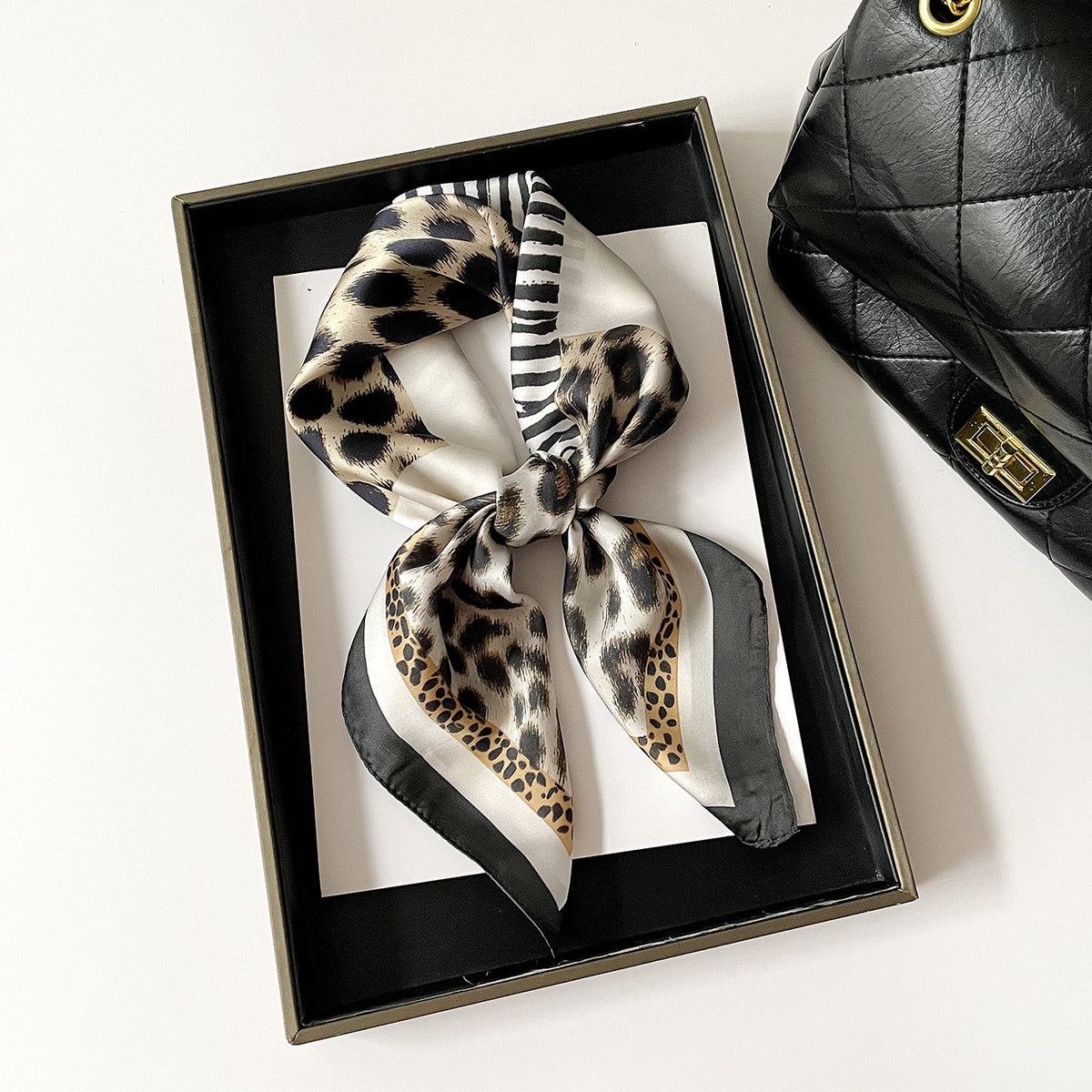 Mixed Animal Print Bandana Neck Scarf - Black