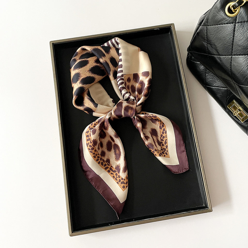 Mixed Animal Print Bandana Neck Scarf - Coffee