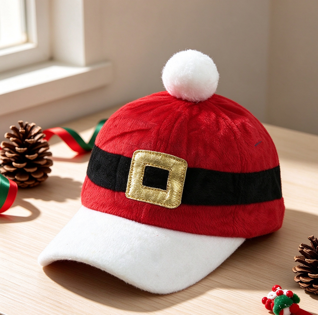 Santa Baseball Cap with Belt Buckle Band and Pom - Red - 5