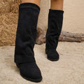 Fold Over Cuff Faux Suede Knee High Boots - Black