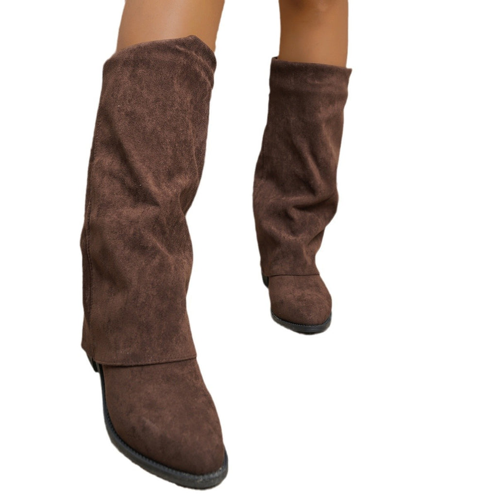 Fold Over Cuff Faux Suede Knee High Boots