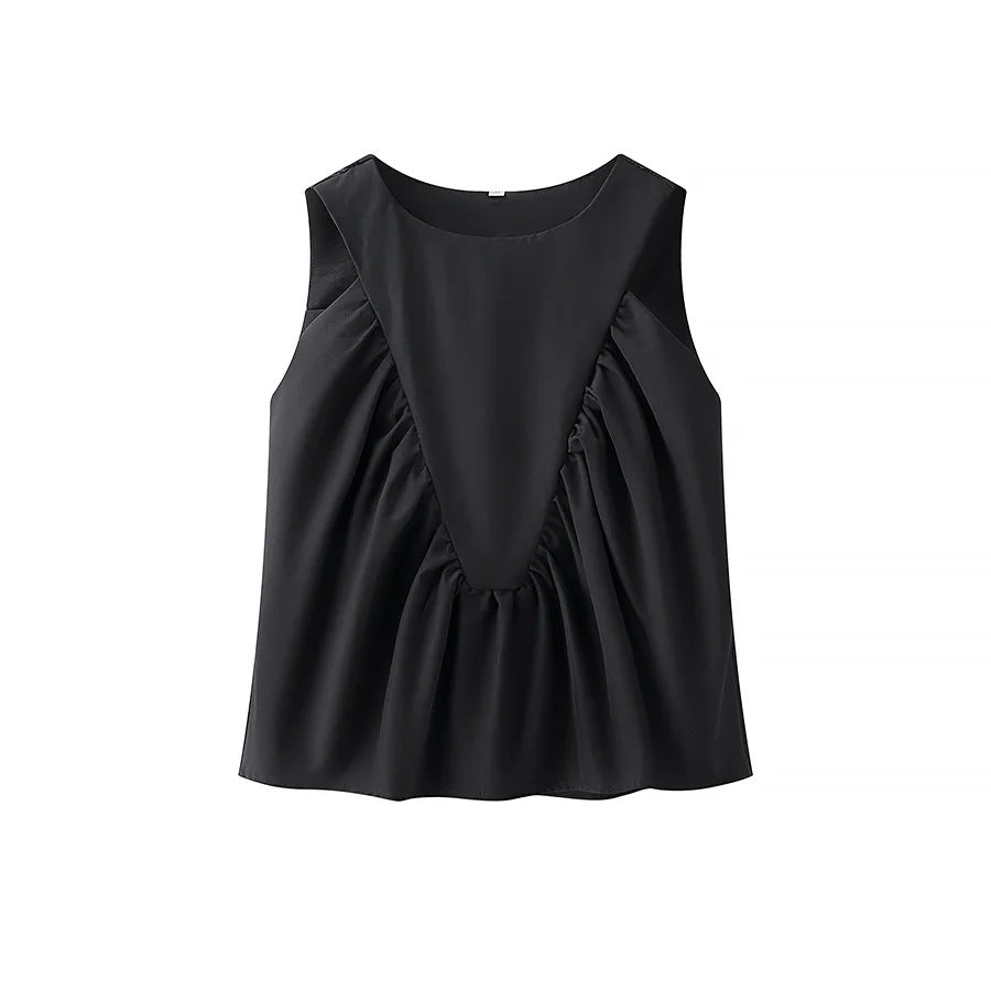 Pleated Sleeveless Swing Vest Top - Black