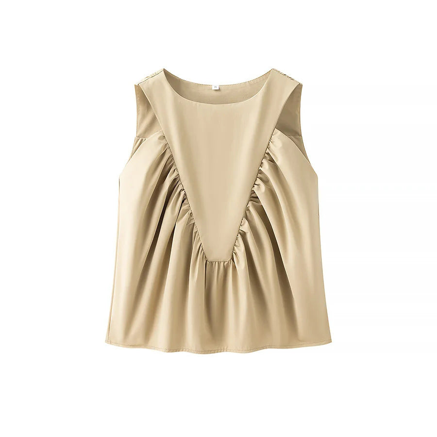 Pleated Sleeveless Swing Vest Top - Khaki