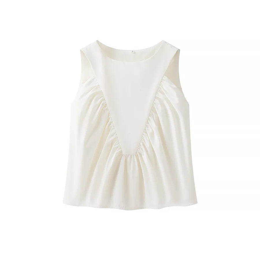 Pleated Sleeveless Swing Vest Top - White