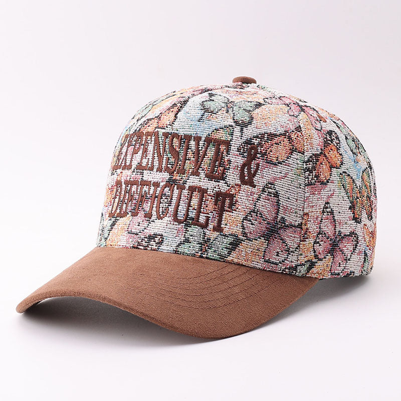 Embroidered Lettering Tapestry Baseball Cap Suede Bill - Brown