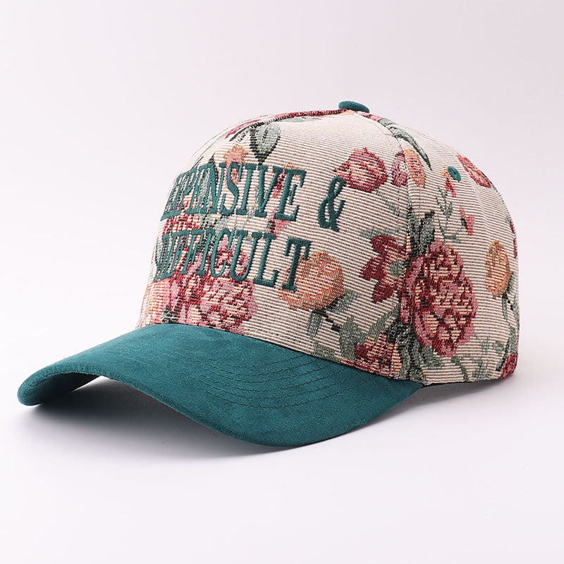Embroidered Lettering Tapestry Baseball Cap Suede Bill - FGreen