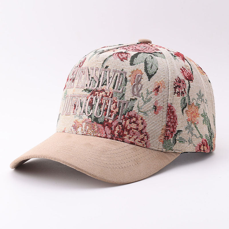 Embroidered Lettering Tapestry Baseball Cap Suede Bill - FKhaki