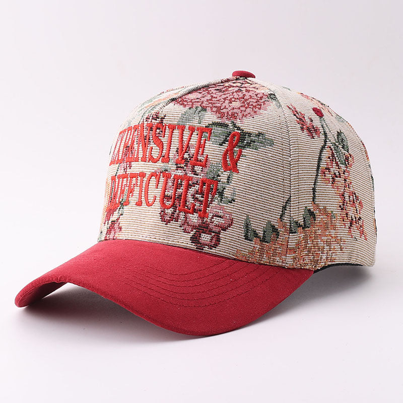 Embroidered Lettering Tapestry Baseball Cap Suede Bill - FRed