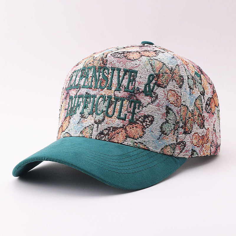 Embroidered Lettering Tapestry Baseball Cap Suede Bill - Green