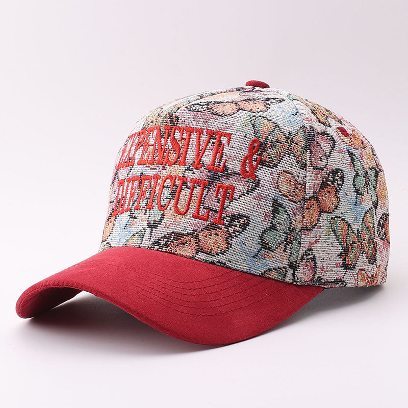Embroidered Lettering Tapestry Baseball Cap Suede Bill - Red