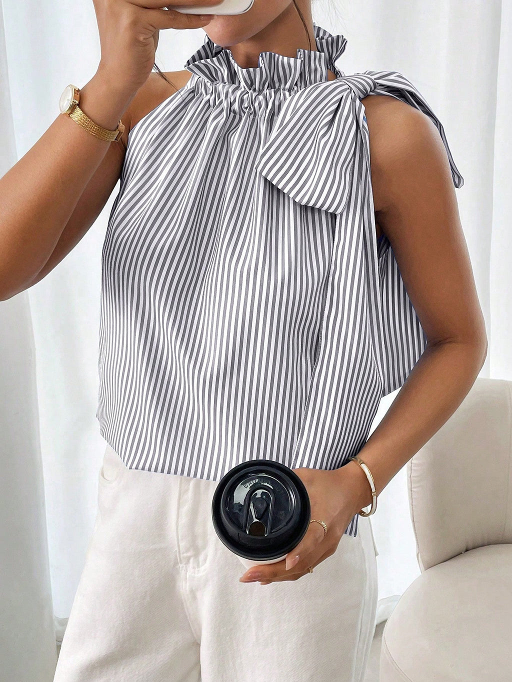 Striped Ruffle Neck Sleeveless Bow Top - Black