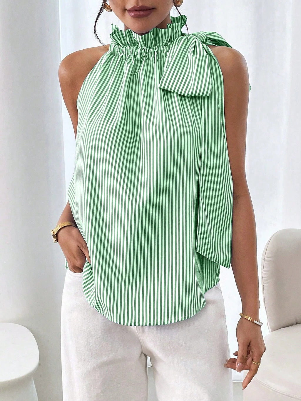 Striped Ruffle Neck Sleeveless Bow Top - Green