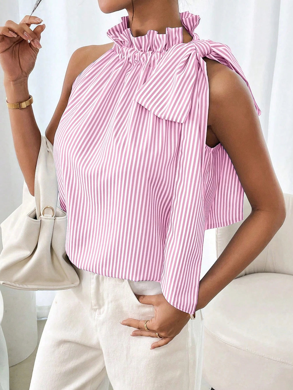 Striped Ruffle Neck Sleeveless Bow Top - Pink